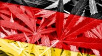 Germany Flag on cannabis background. Drug policy. Legalization of marijuana